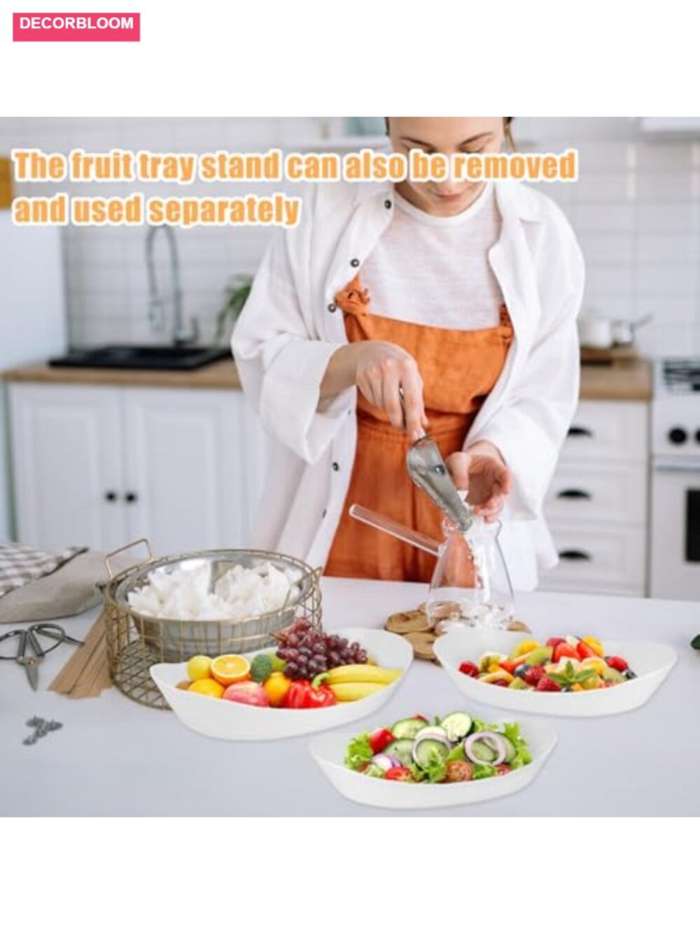 3-Tier Fruit Basket Stand with Bamboo and Plastic Bowls, Kitchen Counter - Picture 5 of 6